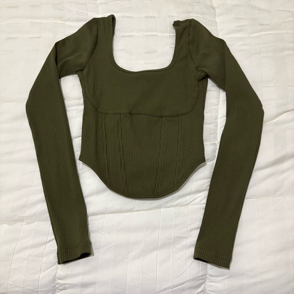 PINK by Victorias Secret olive green corset-style ribbed long sleeve top